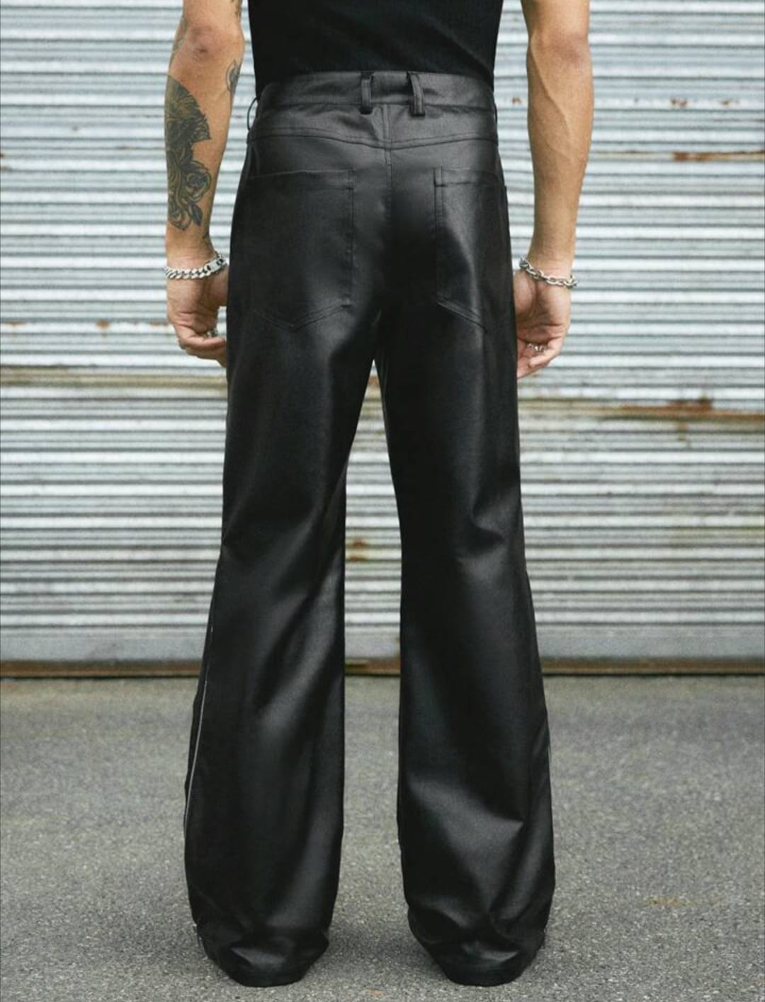Men's Black Faux Leather Flared Pants with Side Zipper – Streetwear Statement Trousers